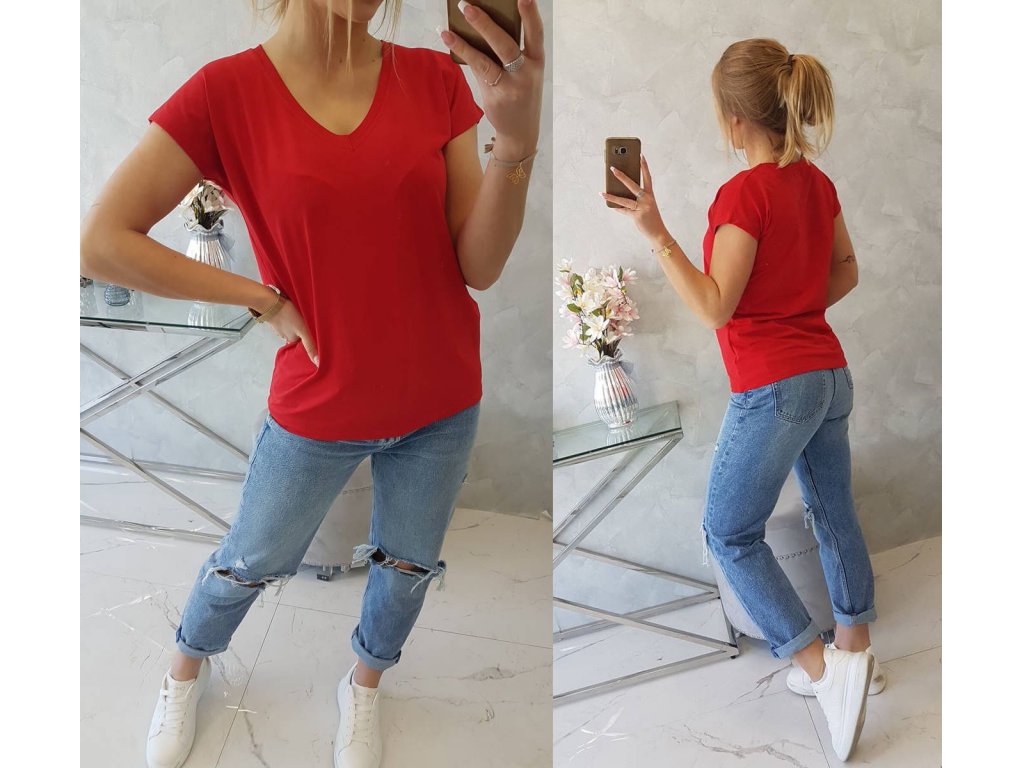 Basic tričko s výstřihem V Fawn červené