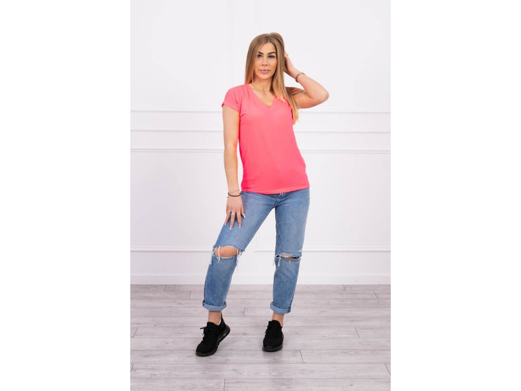 Basic tričko s výstřihem V Fawn neonově růžové
