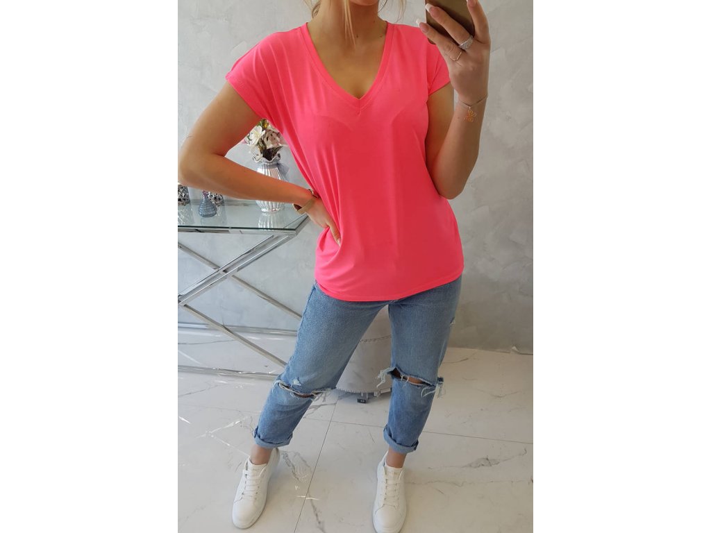 Basic tričko s výstřihem V Fawn neonově růžové