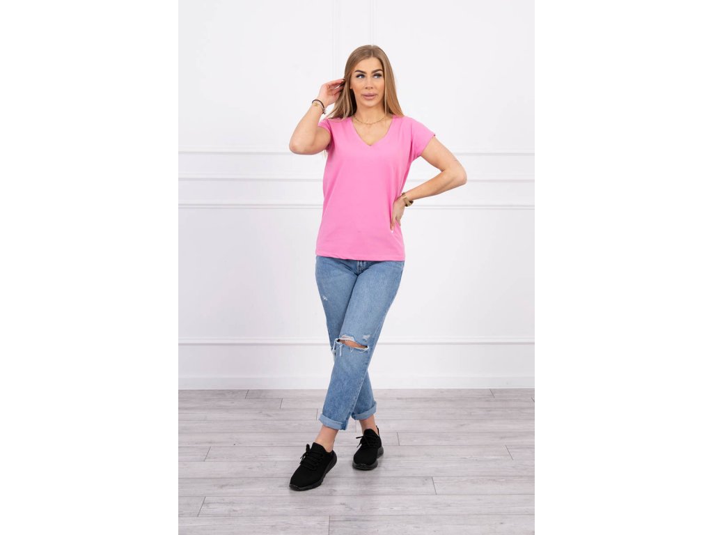 Basic tričko s výstřihem V Fawn růžové