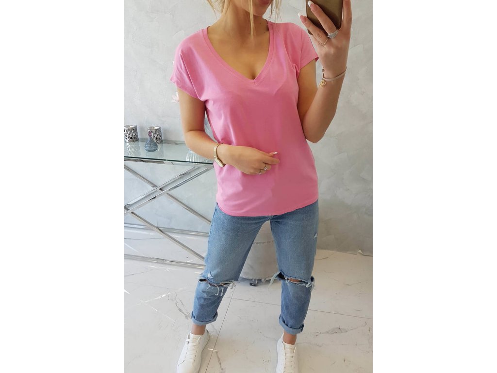 Basic tričko s výstřihem V Fawn růžové