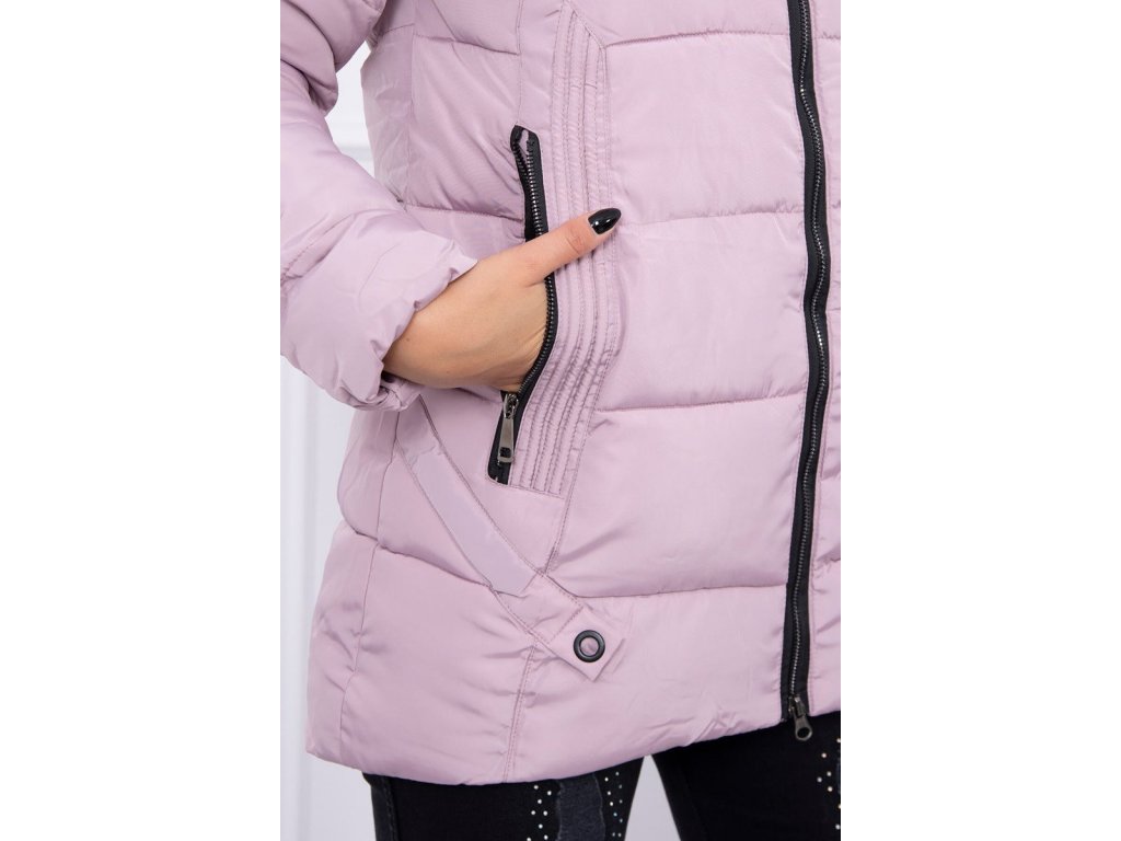 Dámská prošívaná bunda s kapucí a kožešinou Abbi pudrově růžová