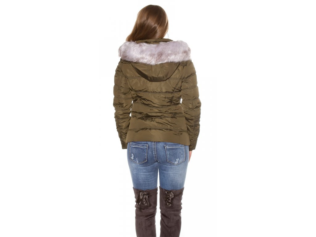 Dámská zimní bunda s kapucí a kožešinou khaki