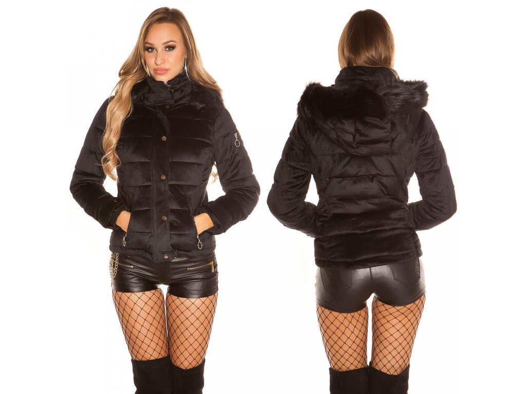 Dámská zimní bunda v sametovém vzhledu černá