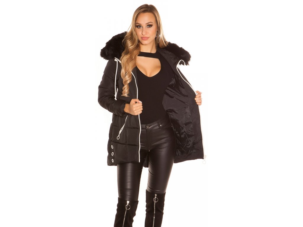 Dámská zimní dlouhá bunda s kapucí černá