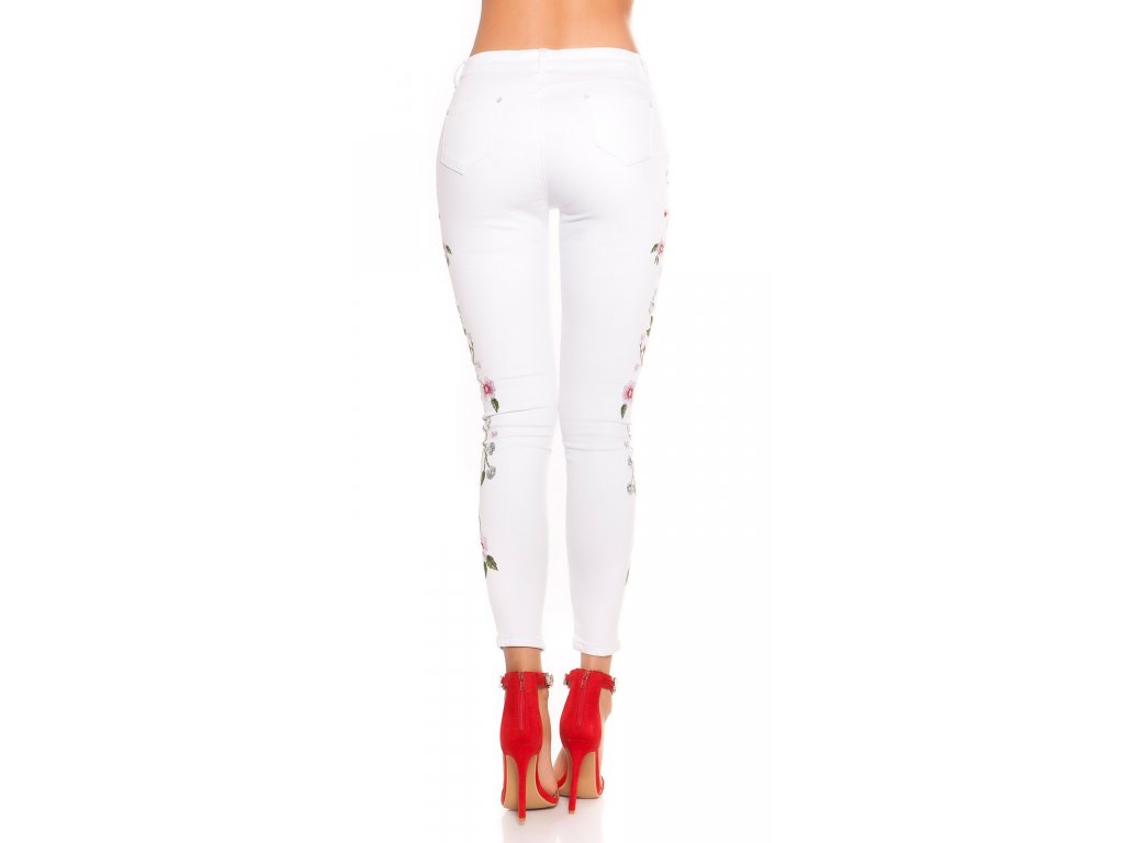 Dámské bílé skinny džíny s květinovou výšivkou