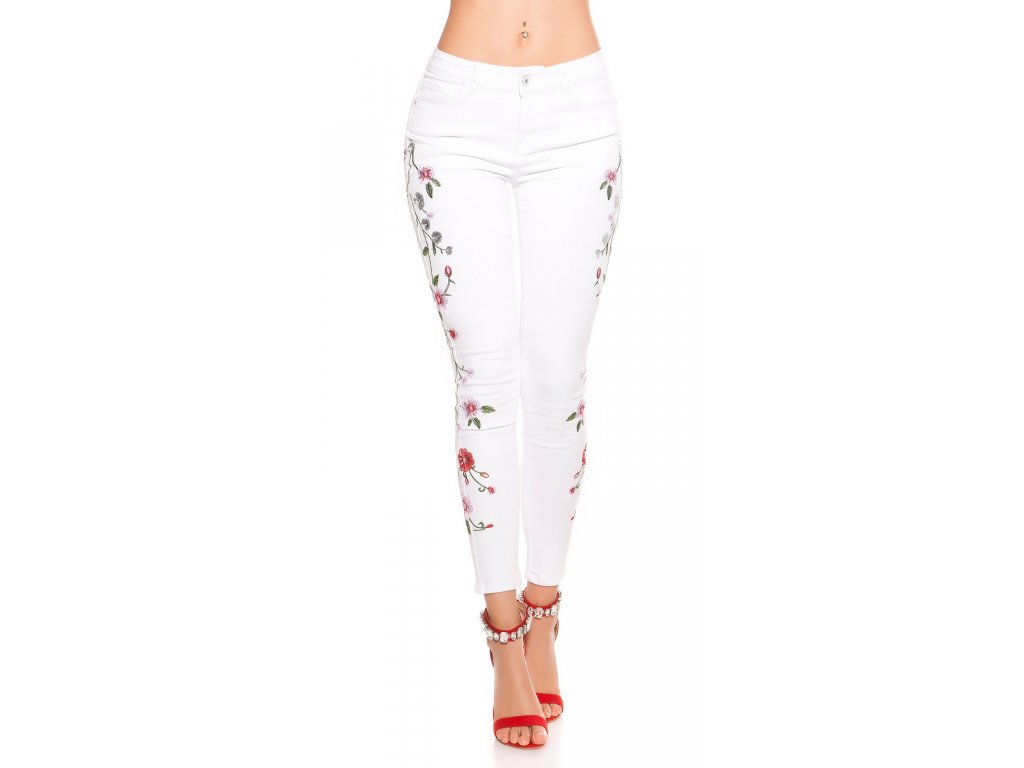 Dámské bílé skinny džíny s květinovou výšivkou