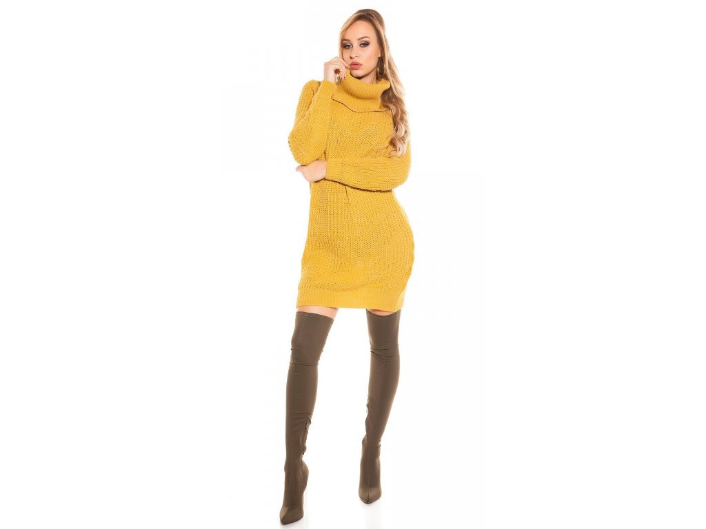 Dámské pletené šaty/dlouhý svetr s rolákem Koucla hořčicově žluté