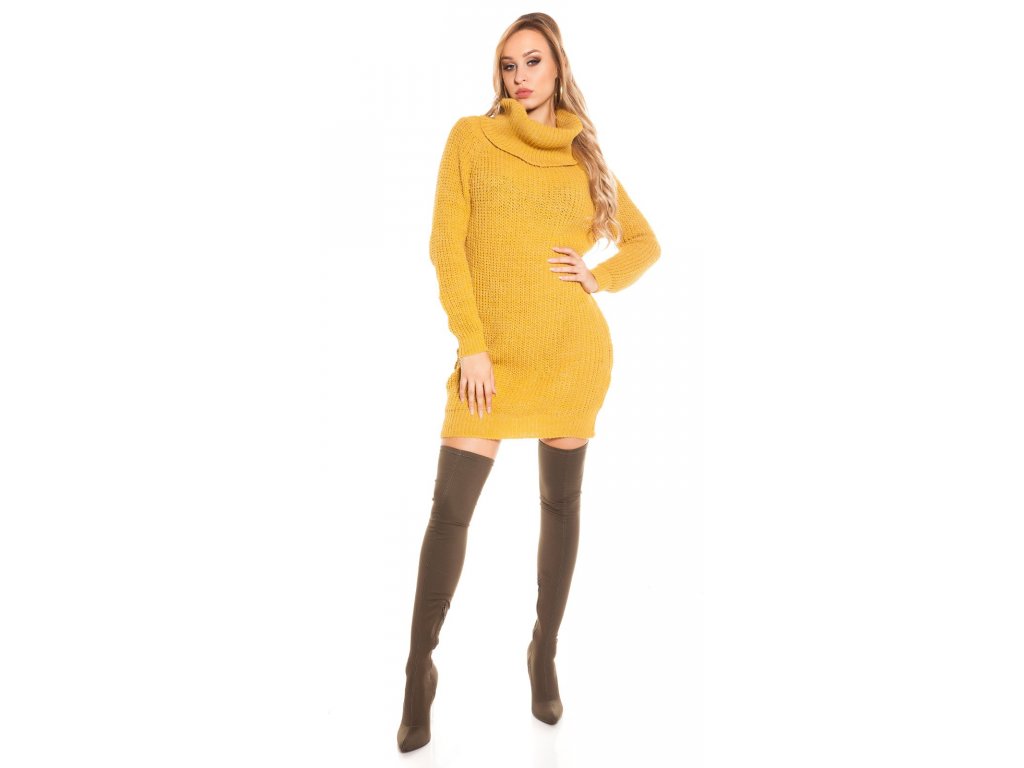 Dámské pletené šaty/dlouhý svetr s rolákem Koucla hořčicově žluté
