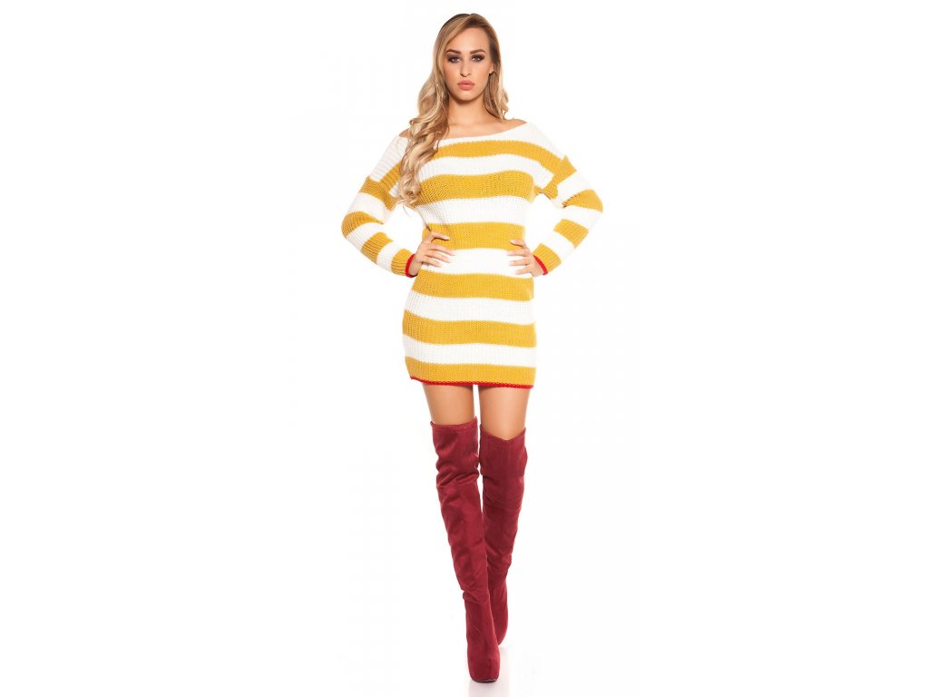 Dámské pletené šaty/dlouhý svetr se zavazováním Koucla hořčicově žluté