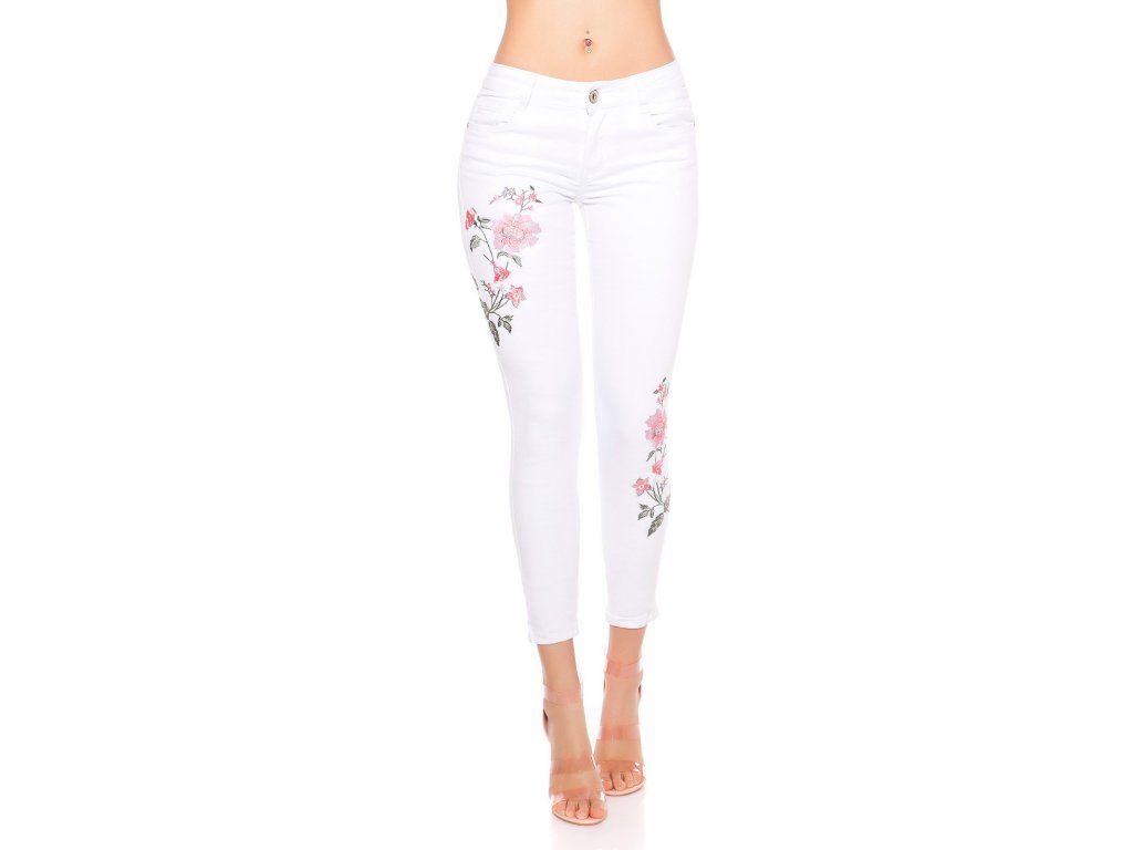 Dámské skinny džíny s květinovou výšivkou bílé