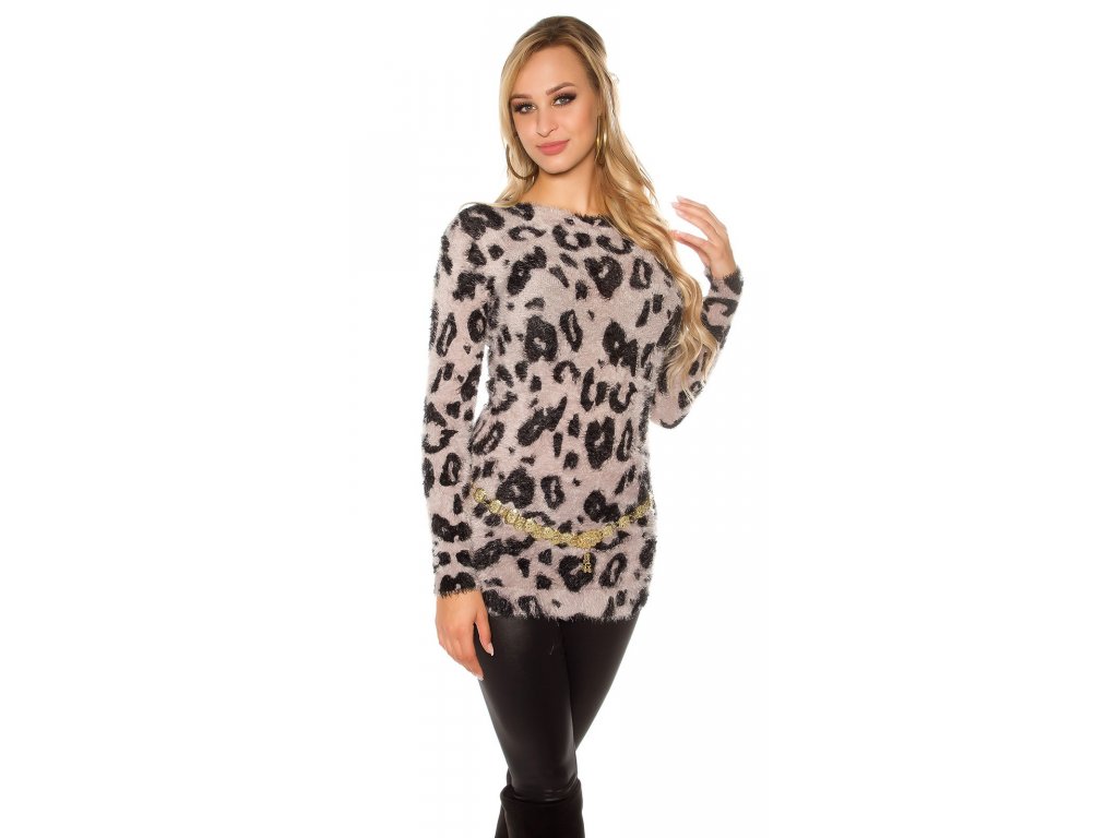 Dámský chlupatý dlouhý svetr s leopardím motivem béžový