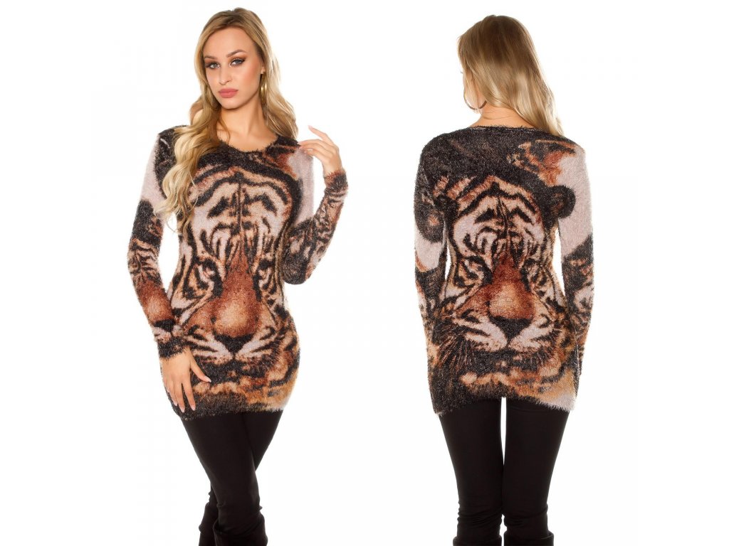 Dámský chlupatý dlouhý svetr s tygřím motivem béžový