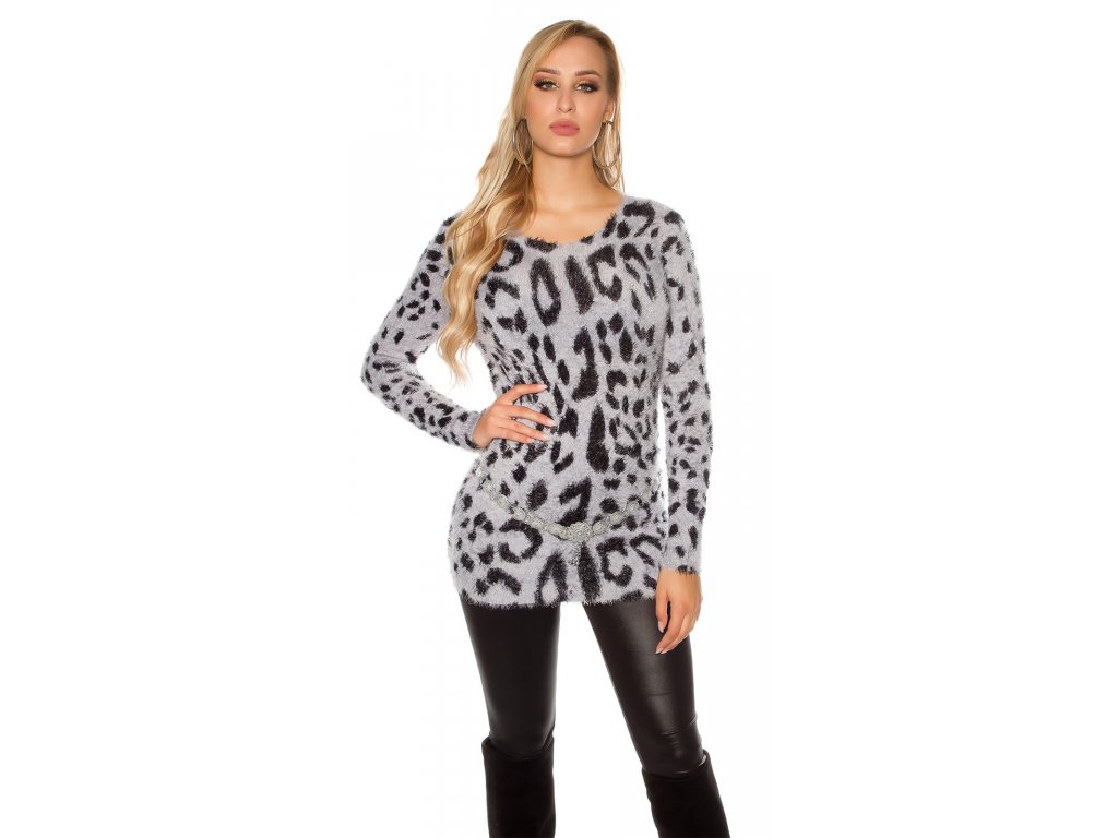 Dámský chlupatý svetr s leopardím vzorem šedý