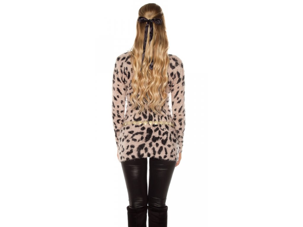 Dámský chlupatý svetr s leopardím vzorem tmavošedý