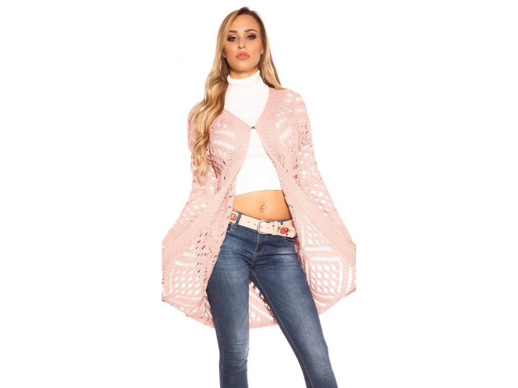 Dámský dlouhý pletený cardigan růžový