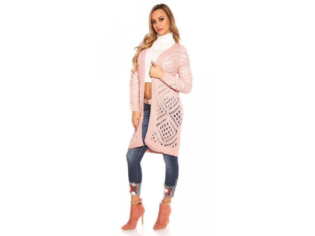Dámský dlouhý pletený cardigan růžový