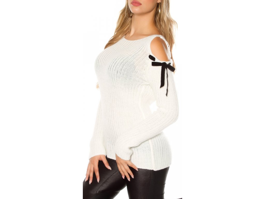 Dámský mohérový svetr s výkroji na ramenou bílý