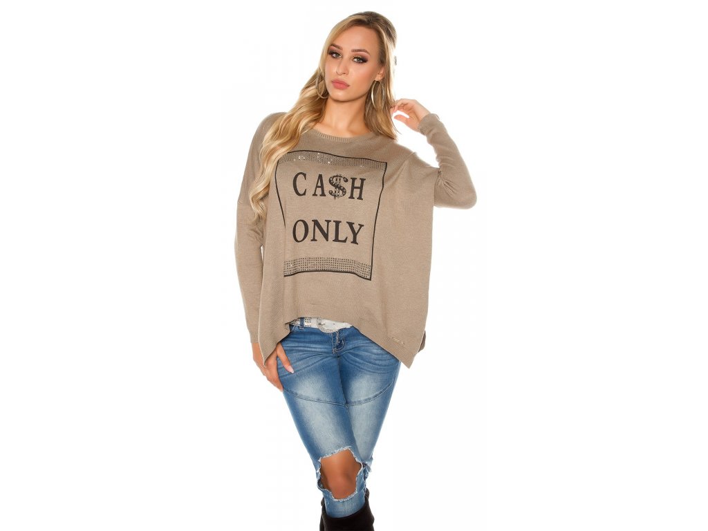 Dámský oversize svetr s nápisem "Cash only" Koucla tmavošedý