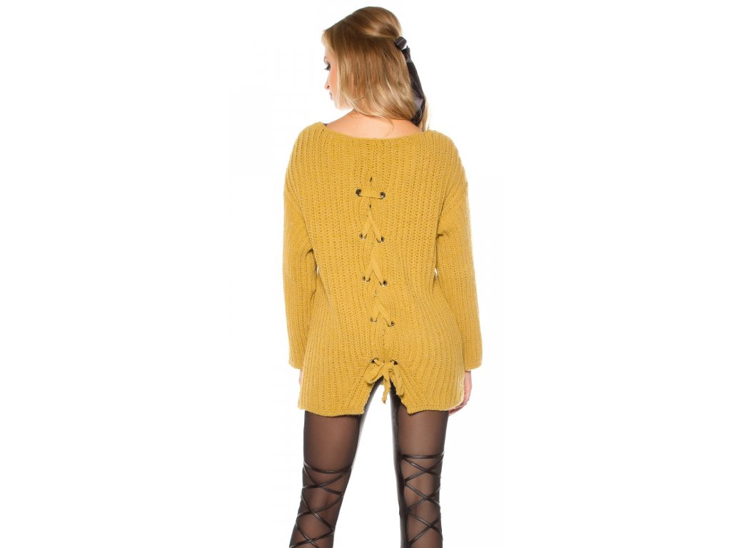 Dámský oversize svetr se šněrováním na zádech hořčicově žlutý