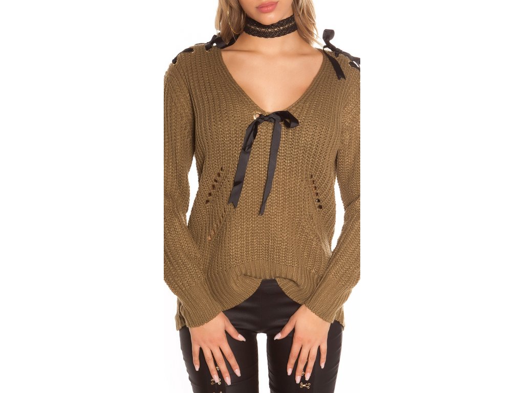 Dámský pletený svetr s mašličkami Koucla khaki
