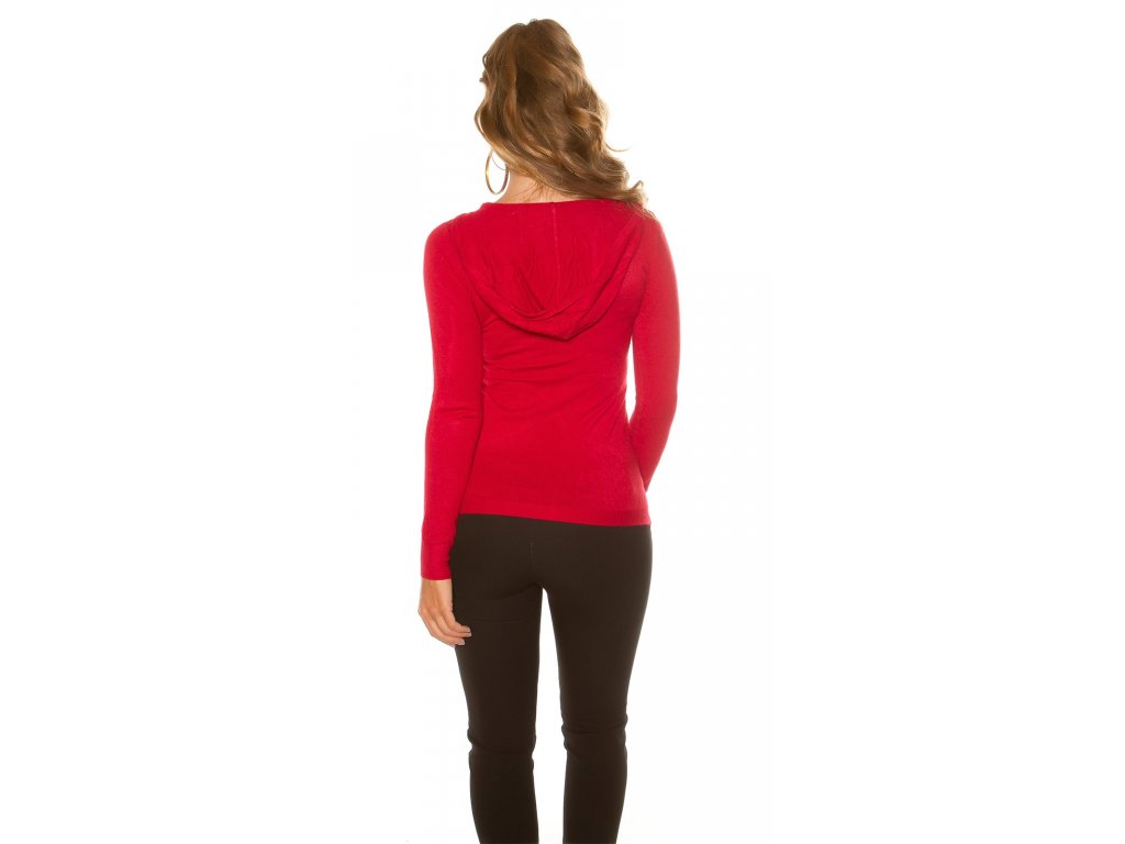 Dámský svetr s kapucí a kamínky KouCla červený