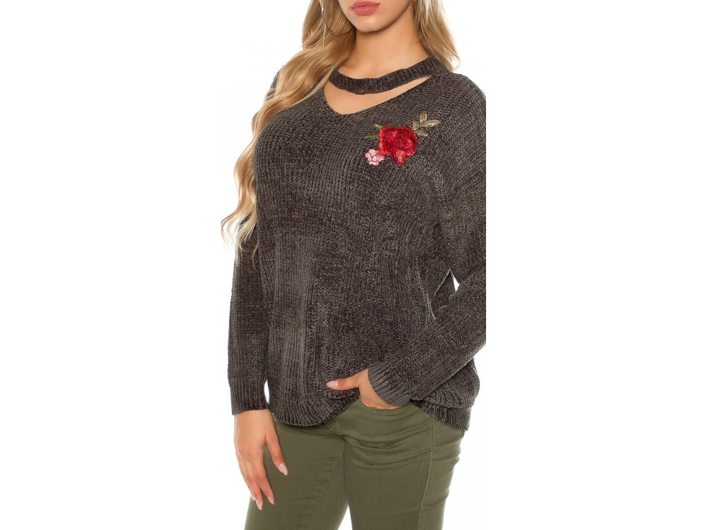 Dámský svetr s květinovou výšivkou khaki