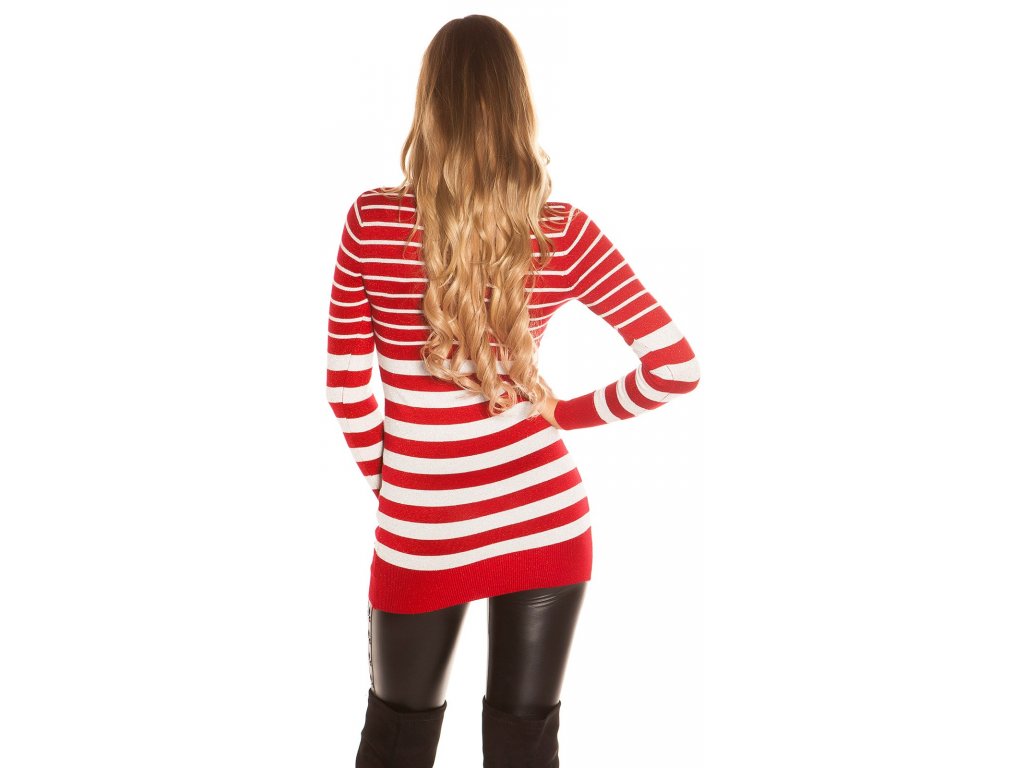Dámský třpytivý dlouhý svetr s pruhy Koucla červený