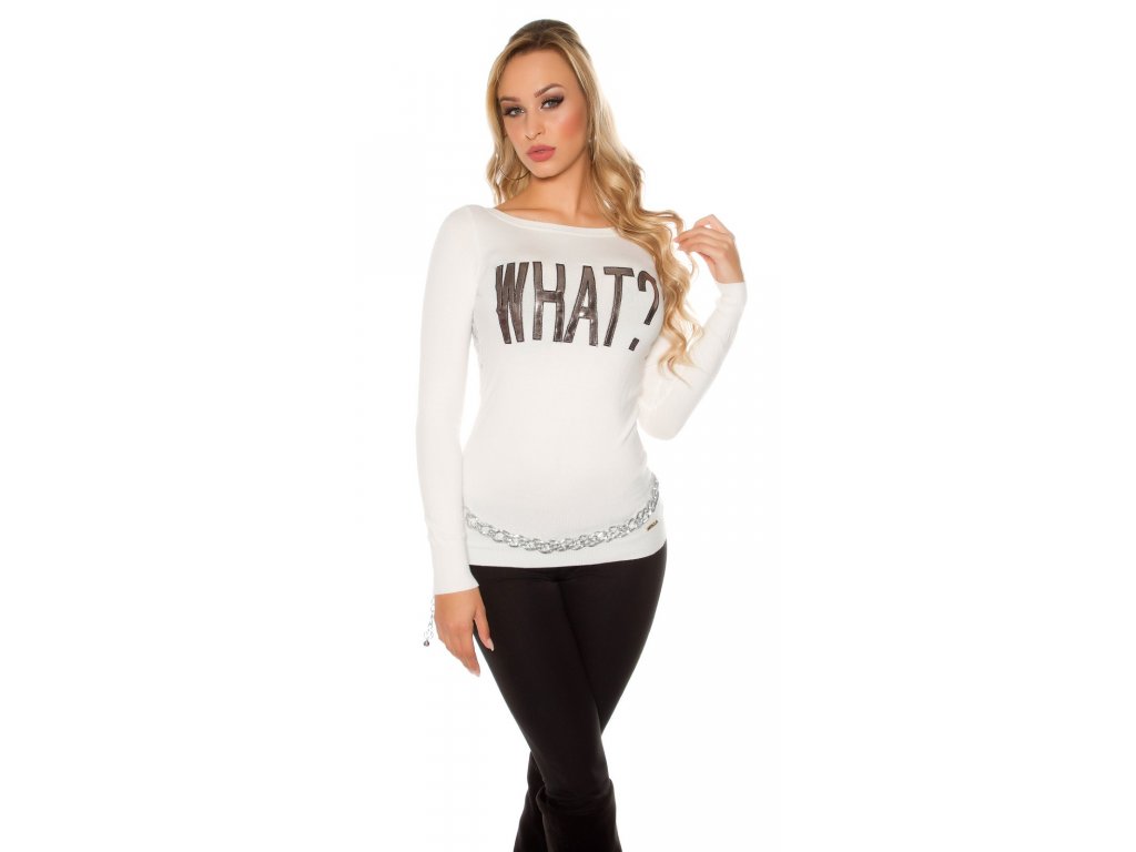 Dásmký svetr s nápisem "WHAT" Koucla bílý