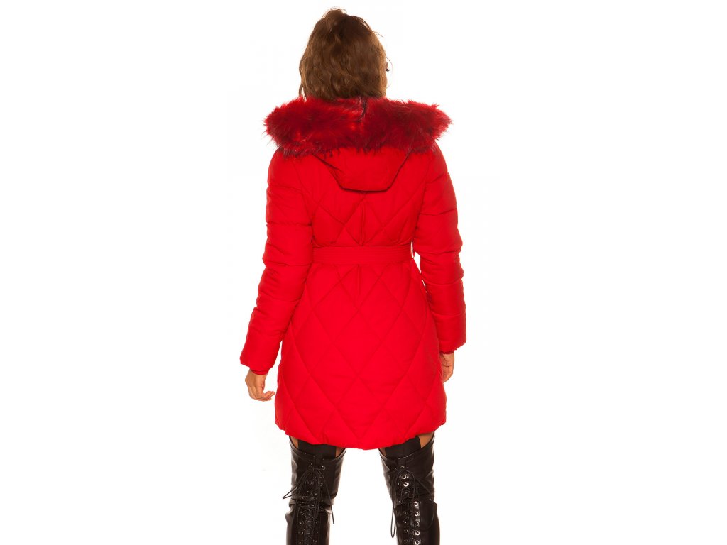 Dlouhá zimní bunda s páskem Marje červená