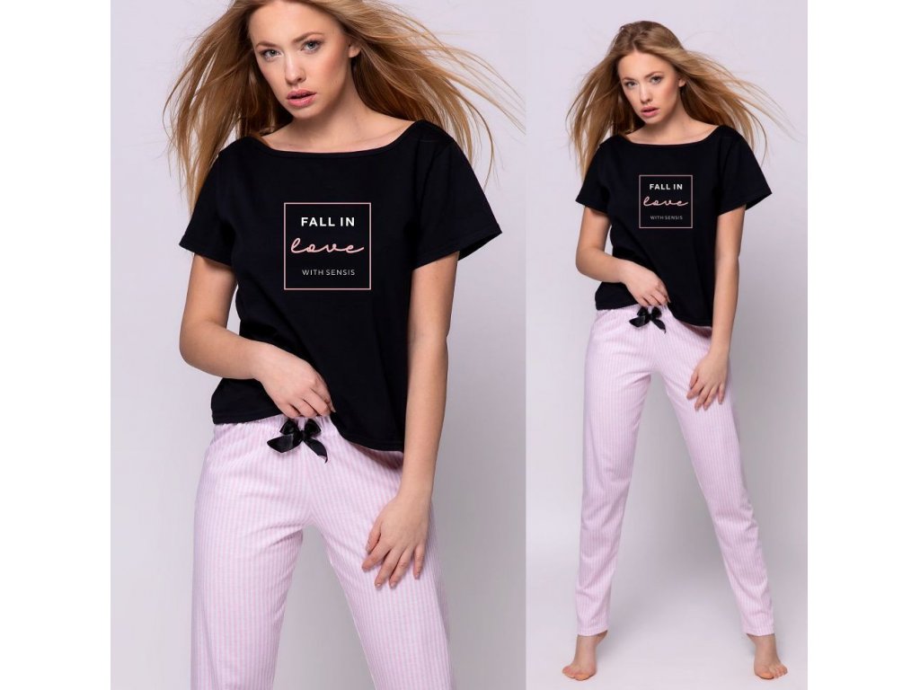 Dlouhé pyžamo Bailee černé/růžové