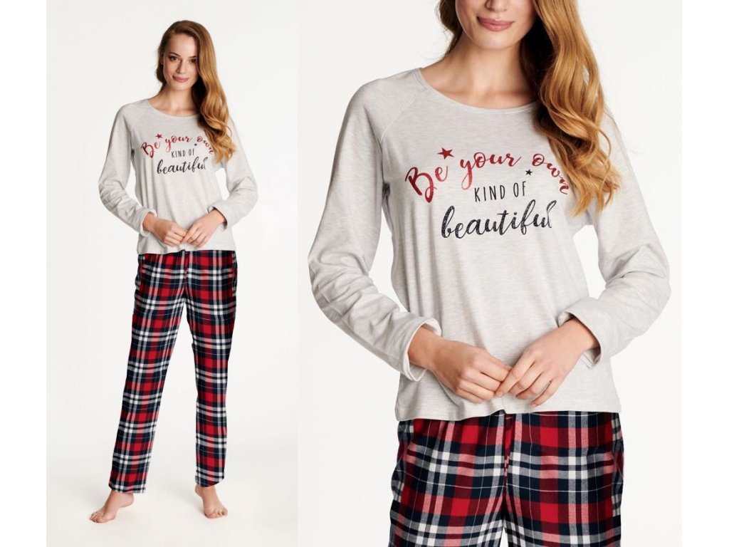 Dlouhé pyžamo s flanelem Priscilla šedé/červené