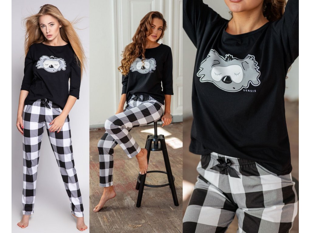 Dlouhé pyžamo s koalou Almah černé/bílé