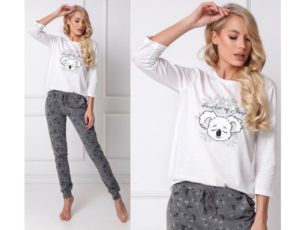 Dlouhé pyžamo s koalou Alysa bílé/šedé