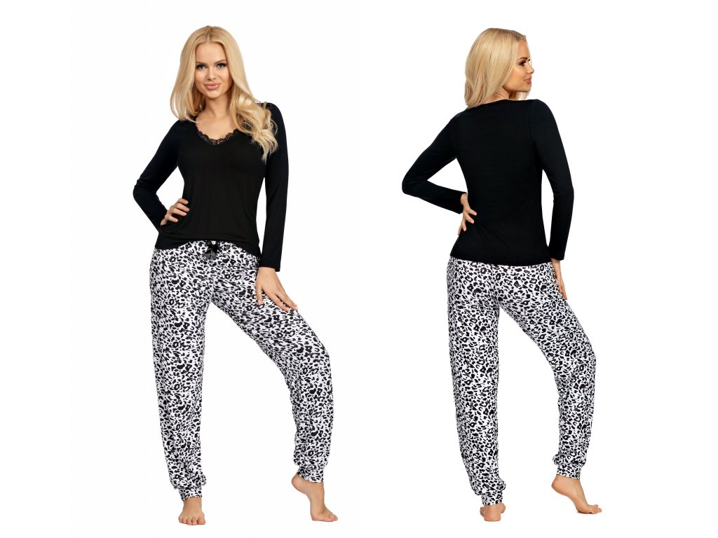 Dlouhé pyžamo s leopardím vzorem Katheryne černé/bílé