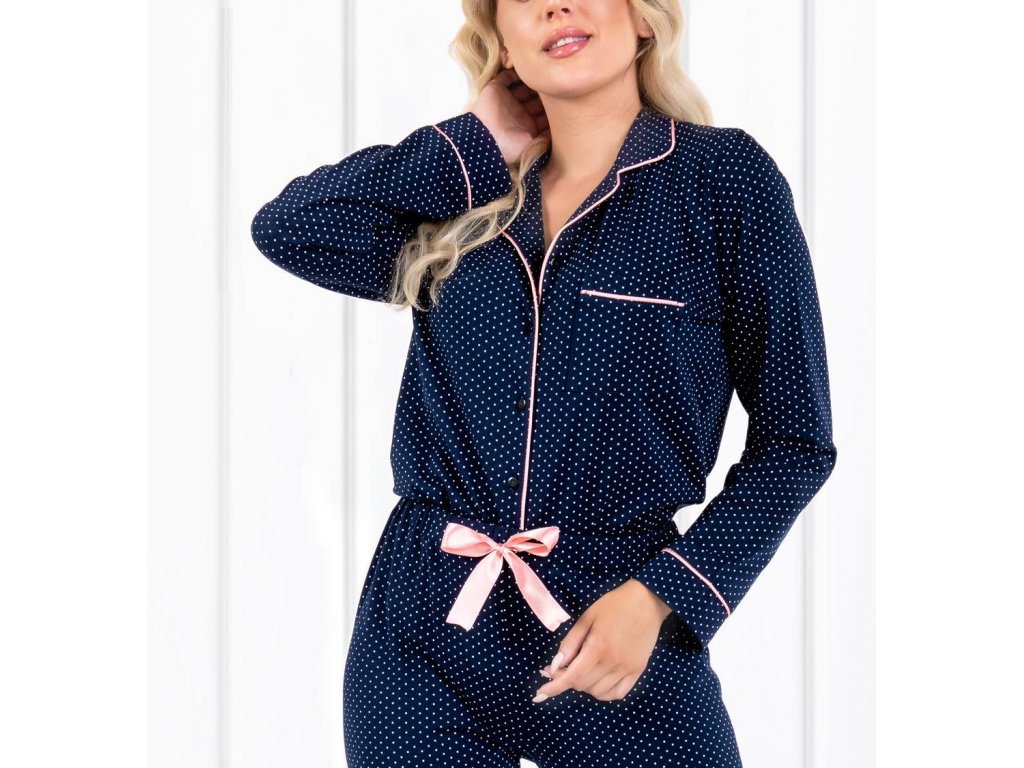 Dlouhé pyžamo v košilovém vzhledu s puntíky Vivian námořnické