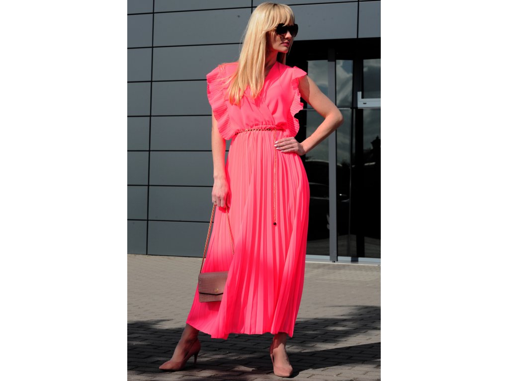 Dlouhé šaty s páskem Lena neonově růžové