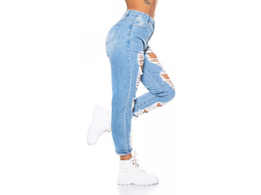 Extrémně potrhané stylové džíny Krystle světle modré