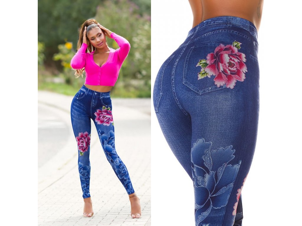 Jeggings s květinovým potiskem Posie modré