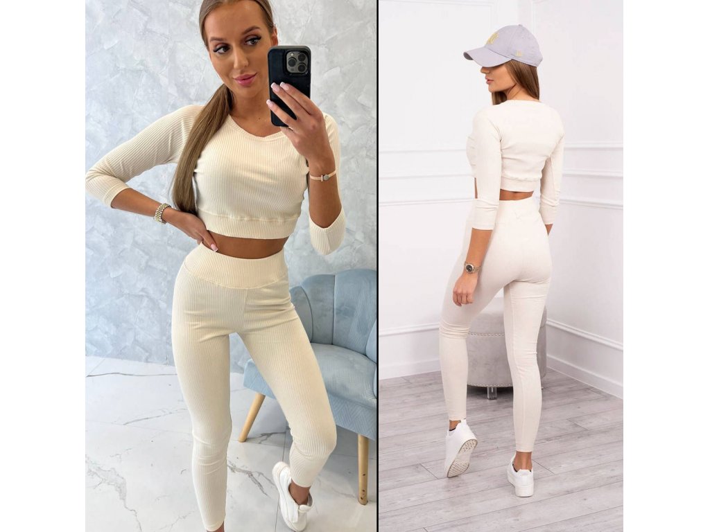 Komplet crop top + legíny Page světle béžový