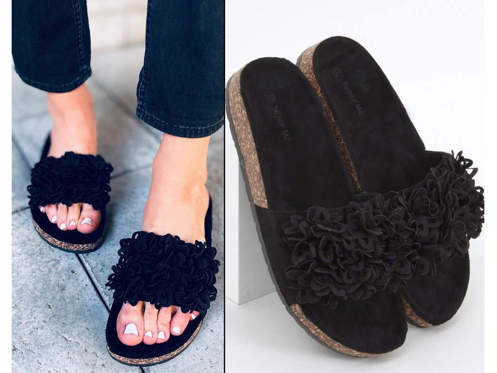 Korkové pantofle s květinami Anima černé