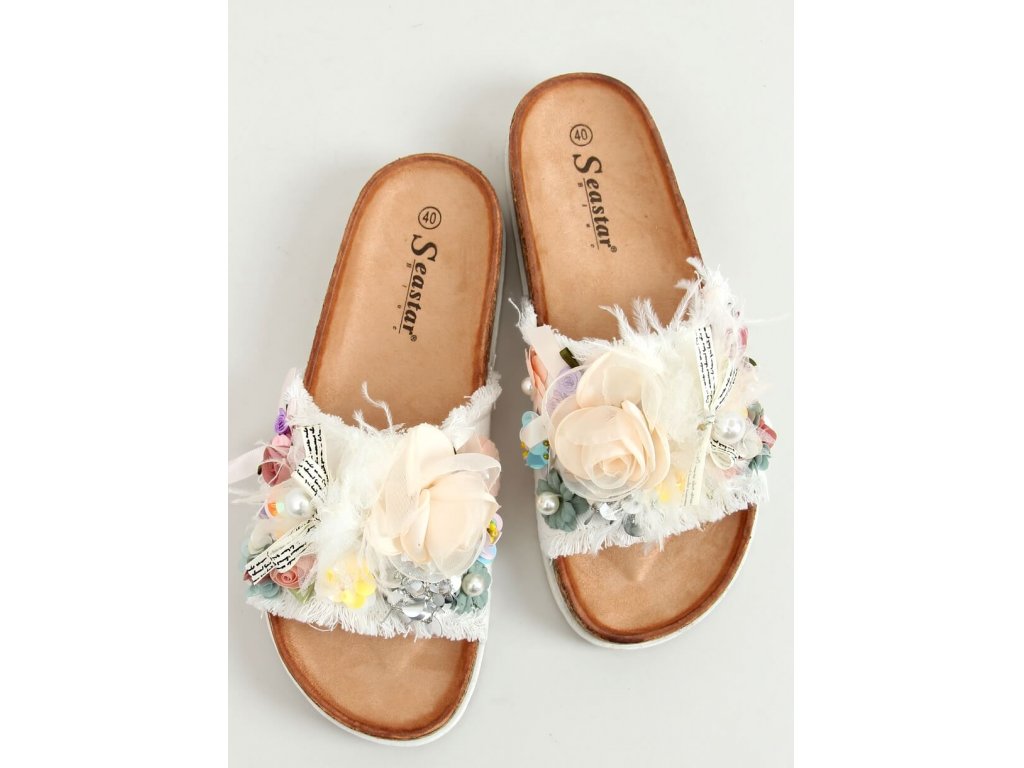 Korkové pantofle s květy Bethney bílé