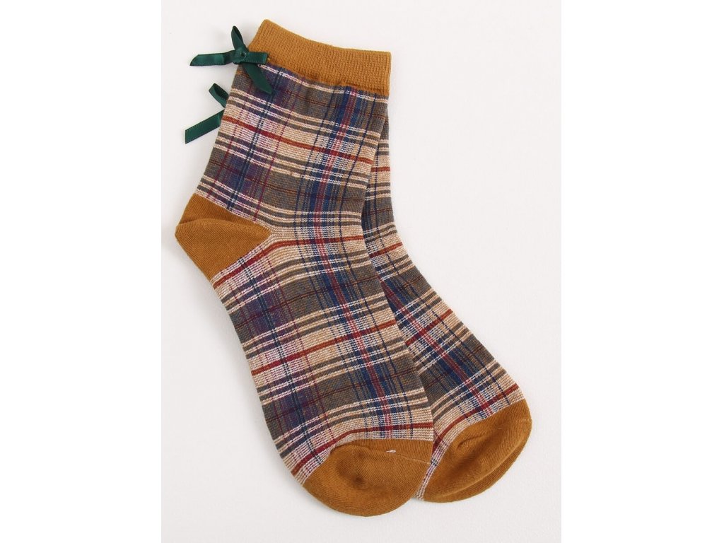 Kostkované ponožky s mašlí Roxanna camel