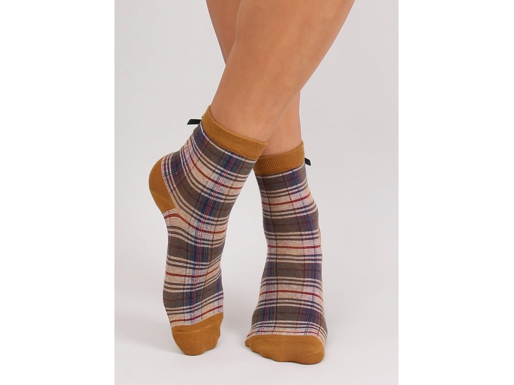 Kostkované ponožky s mašlí Roxanna camel
