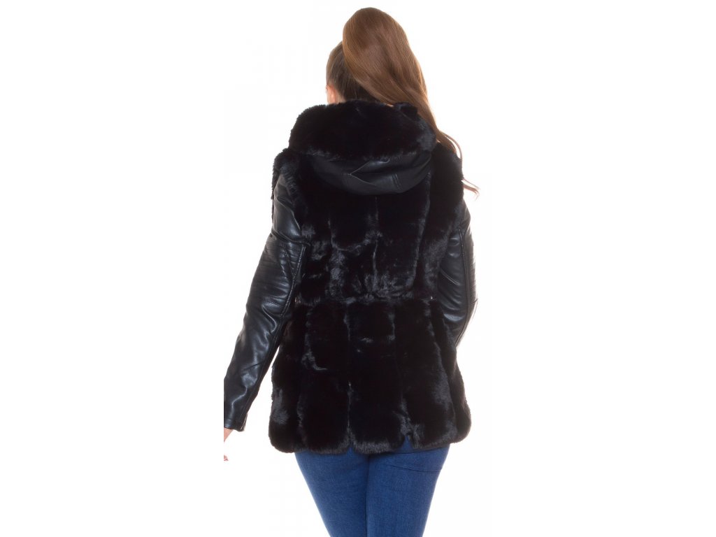 Kožešinový kabát z koženkou Florence černý