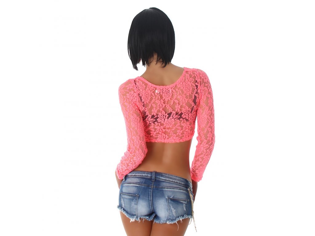 Krajkový crop top s dlouhým rukávem Světle meruňkový