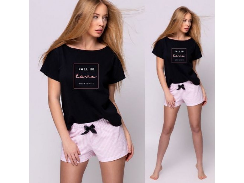 Krátké pyžamo Bailee černé/růžové