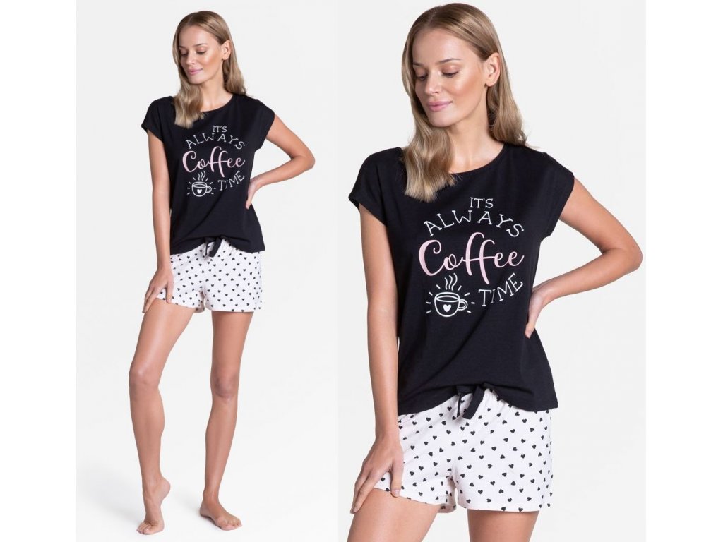 Krátké pyžamo COFFEE se srdíčky Pollie černé/ecru