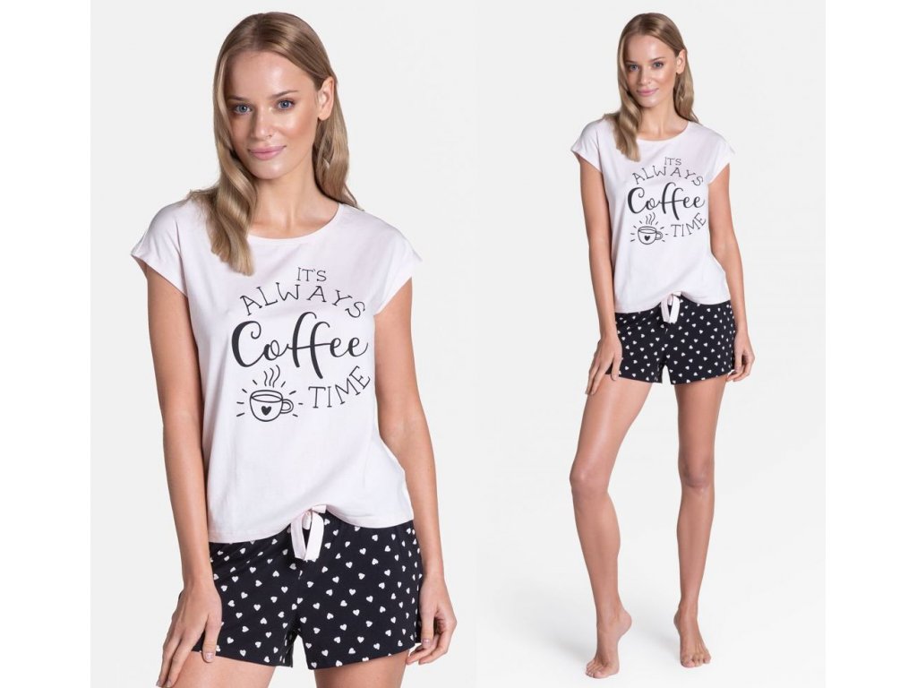 Krátké pyžamo COFFEE se srdíčky Pollie ecru/černé