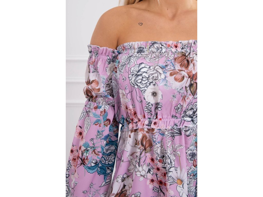 Květované mini šaty s výstřihem carmen Dawn fialové